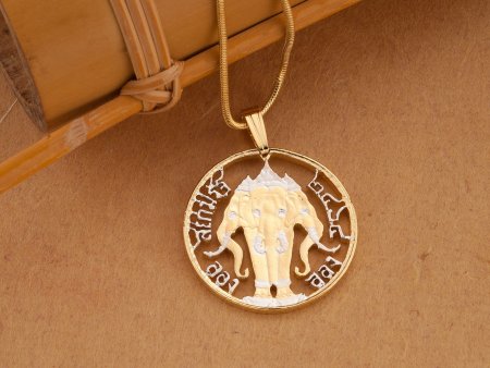 Thailand Elephant Pendant and Necklace, Thailand Elephant Coin Hand Cut, 14 Karat Gold and Rhodium Plated, 7/8" in Diameter, ( #K 897 )