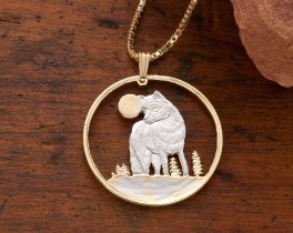 Timber Wolf Pendant and Necklace, Canadian Five Dollar Wolf Coin Hand Cut, 14 Karat Gold and Rhodium Plated, 1 1/8" in Diameter, ( #X 925 )