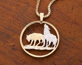 Timber Wolves Pendant & Necklace, Polish two Zlotych Coin Hand Cut, Plated in 14 Karat Gold and Rhodium, 1 " in Diameter, ( #X 723 )