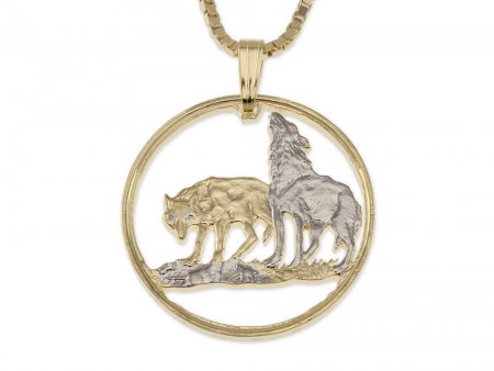 Timber Wolves Pendant & Necklace, Polish two Zlotych Coin Hand Cut, Plated in 14 Karat Gold and Rhodium, 1 " in Diameter, ( #X 723 )