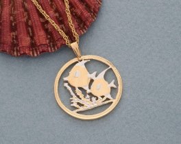 Tropical Fish Pendant and Necklace Jewelry, Belize Fish Coin hand Cut, 14 Karat Gold and Rhodium Plated, 1" in Diameter, ( #R 649 )