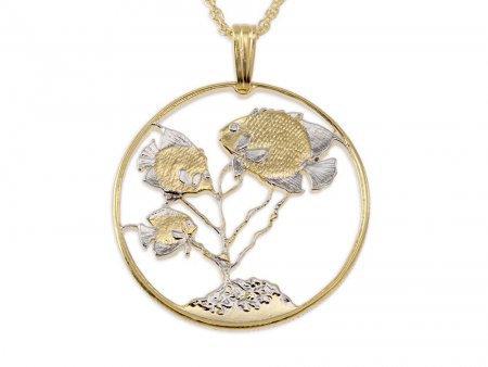 Tropical Fish Pendant and Necklace Jewelry, Cayman Island Fish Coin hand Cut, 14 Karat Gold and Rhodium Plated, 1 " in Diameter, ( #R 60 )