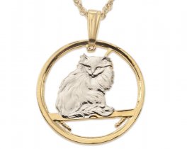 Turkish Cat Pendant and Necklace Jewelry, Isle Of Man Cat Coin hand Cut, 14 Karat Gold and Rhodium Plated, 7/8 Inch in Diameter, ( #R 665 )