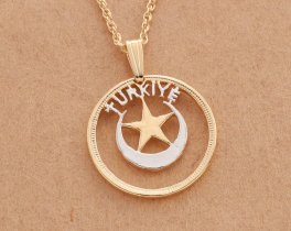 Turkish Pendant, Hand cut Turkish Moon and Stars coin, Turkish coin jewelry, 7/8 " in diameter, ( #R 867 )