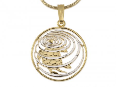 Turtle Pendant and Necklace, Cayman Islands 10 Cents Hand Cut, 14 Karat Gold and Rhodium Plated,  .75 " in Diameter, ( #K 58 )