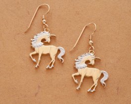Unicorn  Earrings, Chinese 10 Yuan Unicorn Coin Hand Cut, 14 Karat Gold and Rhodium plated, 14 K G/F Wires, 7/8" in Diameter, ( # 484BE )