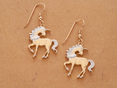 Unicorn  Earrings, Chinese 10 Yuan Unicorn Coin Hand Cut, 14 Karat Gold and Rhodium plated, 14 K G/F Wires, 7/8" in Diameter, ( # 484BE )