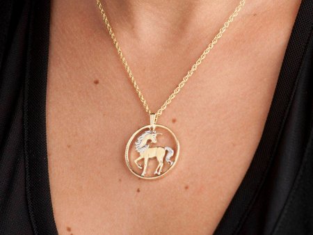 Unicorn Pendant and Necklace, Chinese 10 Yuan Unicorn Coin Hand Cut, 14 Karat Gold and Rhodium plated, 1" in Diameter, ( #R 484 )