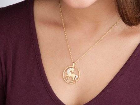 Unicorn Pendant and Necklace, Chinese 10 Yuan Unicorn Coin Hand Cut, 14 Karat Gold and Rhodium plated, 1" in Diameter, ( #R 484 )