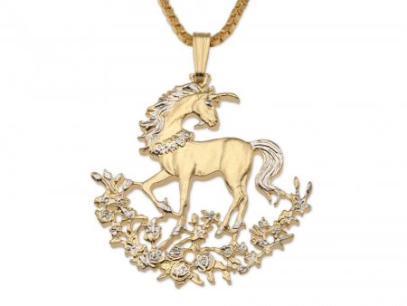 Unicorn Pendant and Necklace, Chinese Unicorn Coin Hand Cut, 14 Karat Gold and Rhodium Plated, 1 1/8" in Diameter, ( #K 462 )