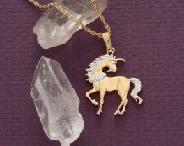 Unicorn Pendant and Necklace, Chinese Unicorn Coin Hand Cut, 14 Karat Gold and Rhodium Plated, 7/8" in Diameter, ( #R 484B )