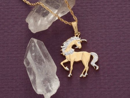 Unicorn Pendant and Necklace, Chinese Unicorn Coin Hand Cut, 14 Karat Gold and Rhodium Plated, 7/8" in Diameter, ( #R 484B )
