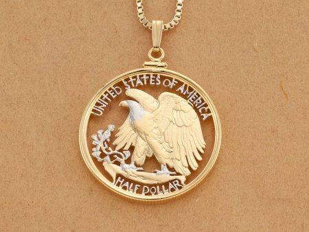 United States Bald Eagle Pendant Necklace, US Walking Liberty Half Dollar Hand Cut,14K Gold & Rhodium Plated, 1 1/4" in Diam,(#X 320W )
