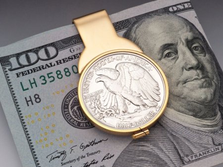United States Eagle Half Dollar Money Clip, Eagle Half Dollar Money Clip, 14 Karat Gold Plated Money Clip, 1 1/4" x 1 3/4", ( # 320UM )