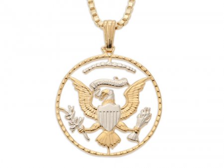 United States Eagle Pendant and Necklace, Kennedy Half Dollar Coin Hand Cut, 14 Karat Gold and Rhodium Plated, 7/8" in Diameter, ( #X 319B )