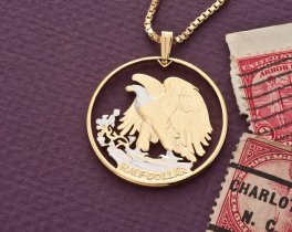 United States Eagle Pendant and Necklace, US Half Dollar Hand Cut, 14 Karat Gold and Rhodium plated, 1 1/4" in Diameter, ( #X320 )