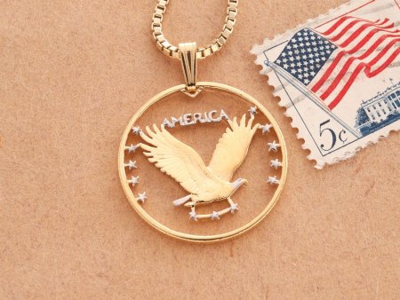United States Eagle Pendant and Necklace, US Standing Liberty Quarter Hand Cut, 14K Gold and Rhodium Plated, 1" in Diameter, ( #X 496 )
