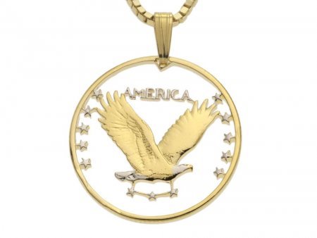 United States Eagle Pendant and Necklace, US Standing Liberty Quarter Hand Cut, 14K Gold and Rhodium Plated, 1" in Diameter, ( #X 496 )