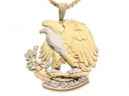 United States Eagle Pendant and Necklace, Walking Liberty Half Dollar Hand Cut, 14 K Gold & Rhodium Plated, 1 1/4" in Diameter (#X 320B )