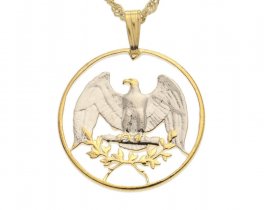 United States Eagle Pendant & Necklace, US Washington Quarter Hand Cut, 14 Karat Gold and Rhodium Plated, 1" in Diameter, ( # R313 )