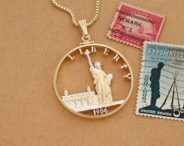 United States Ellis Island Pendant, Hand cut 1986 United States half dollar, 1 1/2 " in diameter, ( #x EIW )