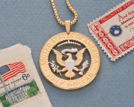 United States Kennedy Half Dollar Pendant &Necklace, US Eagle Hand Cut, 14 K Gold and Rhodium Plated, 1 1/4 " in Diameter, ( #X 319)
