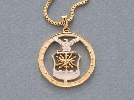 US Airforce Pendant and Necklace Jewelry, Air Force Challenge Coin hand Cut, 14 Karat Gold and Rhodium Plated, 1" In Diameter, ( #X 754 )