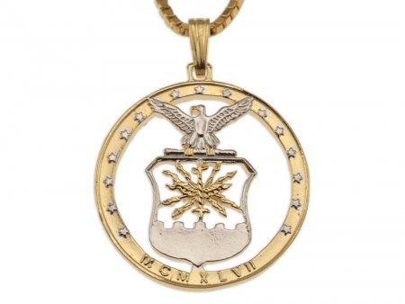 US Airforce Pendant and Necklace Jewelry, Air Force Challenge Coin hand Cut, 14 Karat Gold and Rhodium Plated, 1" In Diameter, ( #X 754 )