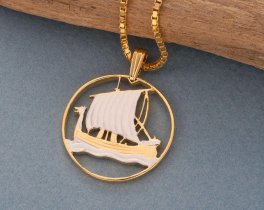 Viking Ship Pendant and Necklace, Estonian One Kroon Coin hand Cut, 14 Karat Gold and Rhodium plated, 1 " in Diameter, ( #X 769 )