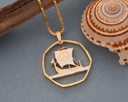 Viking Ship Pendant and Necklace, Isle Of Man One Crown Coin Hand Cut, 14 Karat Gold and Rhodium plated, 1 1/8" in Diameter, ( #X 422 )