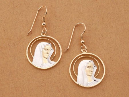 Virgin Mary Earrings, Hand cut Religious Medallions, Religious Jewelry, 7/8" in diameter, ( # 527E )