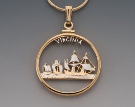 Virginia State Quarter Pendant, Hand Cut United States Virginia State Quarter, 14 K Gold and Rhodium Plated, 1" in Diameter, ( #K 2010 )