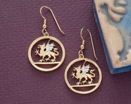 Welsh Dragon Coin Earrings, Wales One OUnd Coin Hand Cut, 14 Karat Gold and Rhodium plated, 14 K G/F Wires, 7/8" in Diameter, ( # 483E )