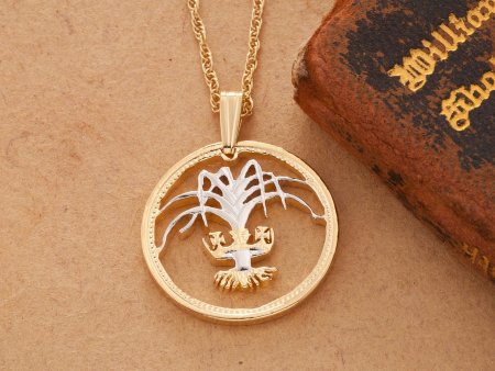 Welsh Leek Pendant and Necklace, Welsh One Pound Coin Hand Cut, 14 Karat Gold and Rhodium plated, 7/8" in Diameter, ( #R 135 )