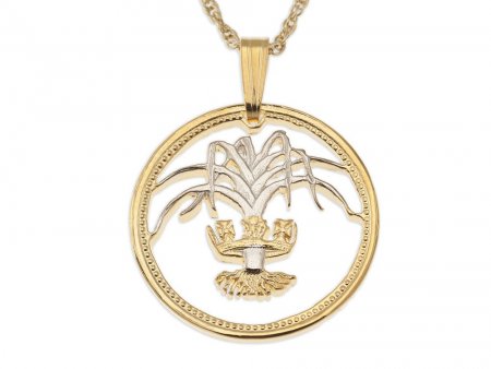 Welsh Leek Pendant and Necklace, Welsh One Pound Coin Hand Cut, 14 Karat Gold and Rhodium plated, 7/8" in Diameter, ( #R 135 )