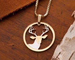 White Tail Deer Pendant & Necklace, Belize White Tail Deer Coin Hand Cut, 14 Karat Gold and Rhodium Plated, ( #X 650 )