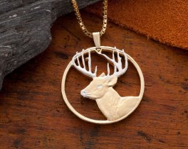 White Tail Deer Pendant & Necklace, Hand Cut White Tail Deer, 14 Karat Gold and Rhodium Plated, 1 1/2" in diameter, ( #X 802 )