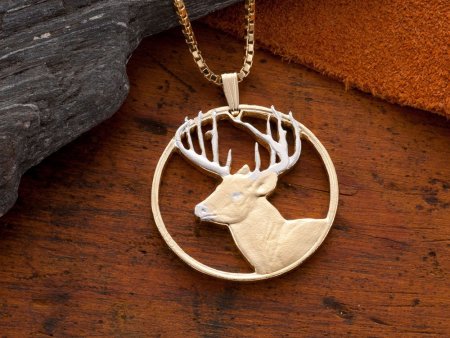 White Tail Deer Pendant & Necklace, Hand Cut White Tail Deer, 14 Karat Gold and Rhodium Plated, 1 1/2" in diameter, ( #X 802 )