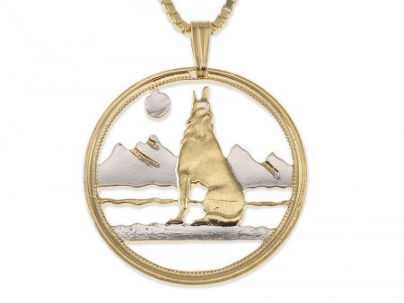 Wolf Pendant and Necklace, Canada 50 Cents Coin Hand Cut, 14 Karat Gold and Rhodium Plated, 1 1/8" in Diameter, ( # X55 )